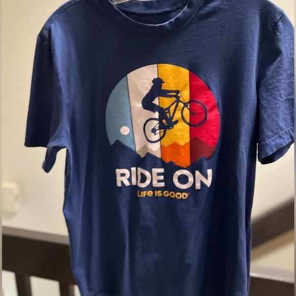 If Life Is Good Navy Blue Short Sleeve Tee with Bicycle Graphic “Ride On” #172 - Picture 1 of 5